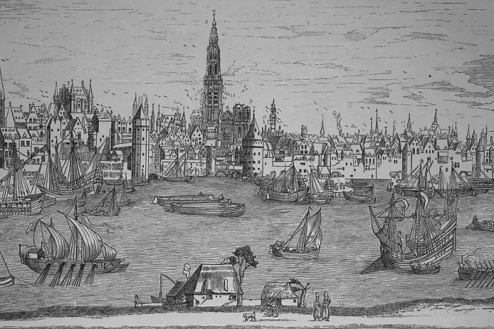Framed Print : Antwerp, Belgium, woodcut from 1880, Europe