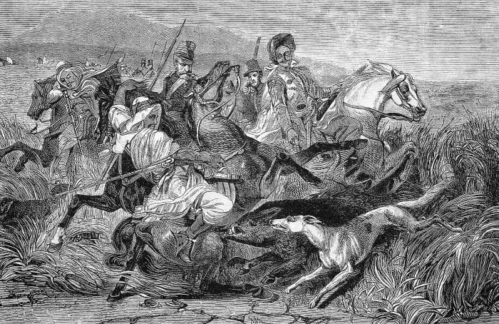 Framed Print : Arabian boar hunters, historical wood engraving
