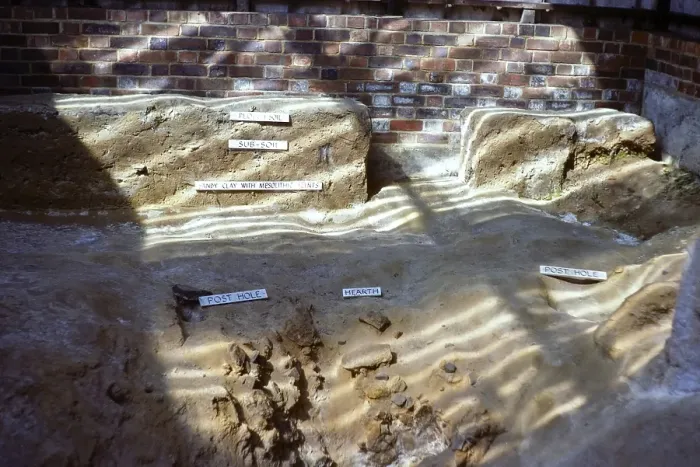 Framed Print : Archaeological excavation of a Mesolithic pit dwelling, Abinger, Surrey, England, UK 1980