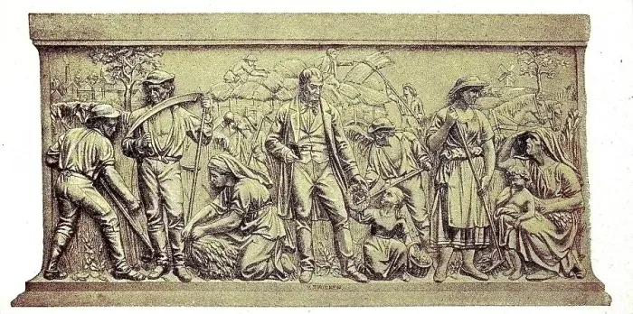 Framed Print : The archaeological relief on Thaers monument in Berlin shows that the harvest work was the last work of Christian