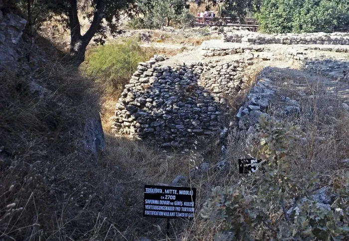 Framed Print : Archaeological site of the ancient city of Troy, Turkey 1997 excavated section of the fortification wall, gate tower