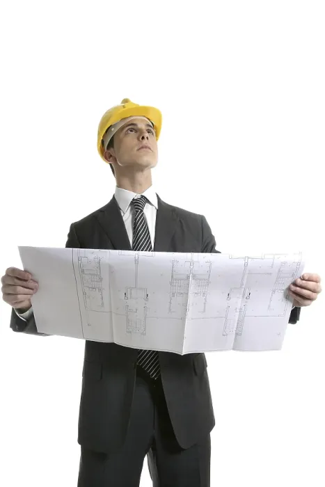 Framed Print : Architect executive business people with plans with hard hat