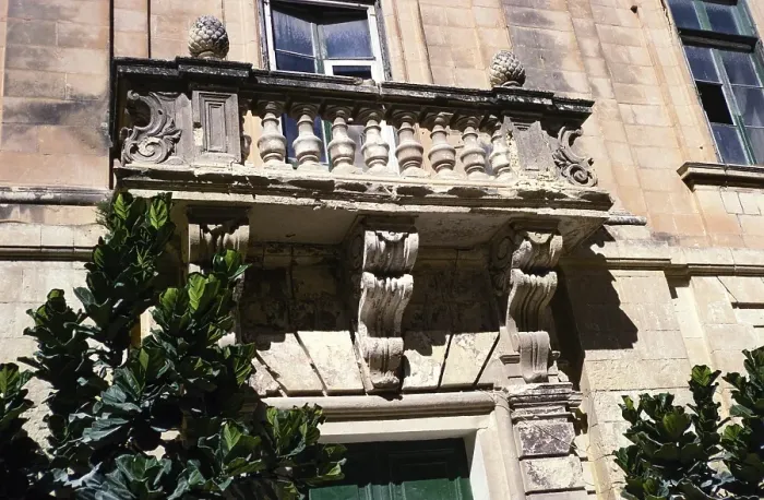 Framed Print : Architectural detail of a stone balcony in the city of Mdina, Malta 1998