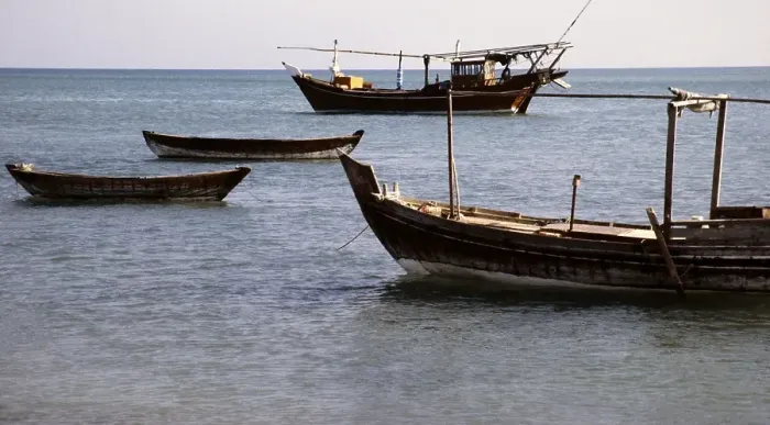 Framed Print : Archive image of traditional Arabian dhow boats, probably in Darin, Tarout Island, Saudi Arabia 1979