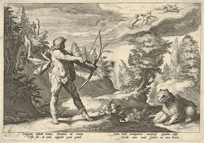 Framed Print : Arcus and Callisto, 1575, hunting with bow and arrow Framed Print : Arcus and Callisto, 1575, hunting with bow and arrow