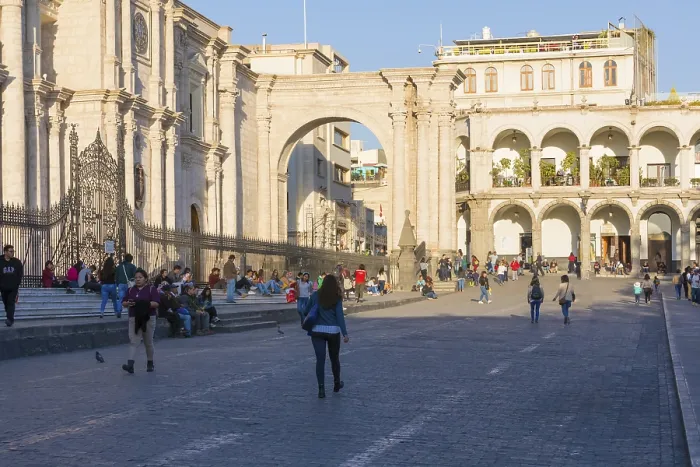 Framed Print : Arequipa Peru August 20, 2018 on either side of the Cathedral of Arequipa are two imposing arches