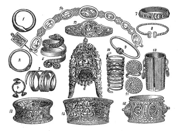 Framed Print : Arm jewellery, Egyptian (1), Roman (2-5) Framed Print : Arm jewellery, Egyptian (1), Roman (2-5)