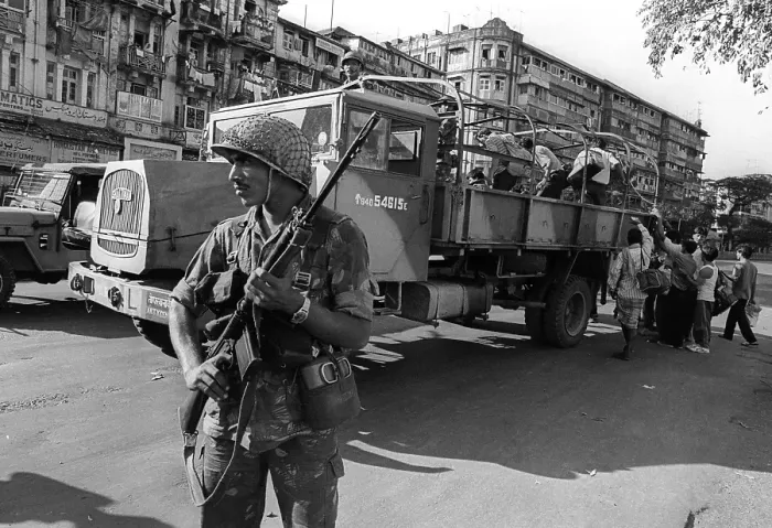 Framed Print : Army personnel were deployed near Mohammed Ali road to prevent rioting after religious fundamentalists demolished the Babri Masjid in Ayodhya in Uttar Pradesh on 6 / 12 / 1992. The rioting continued till January 1993 in Bombay Mumbai, maharashtra, india