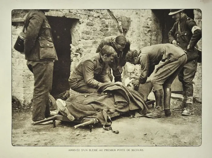 Framed Print : Arrival of wounded soldier on stretcher at first aid post in Flanders during the First World War Framed Print : Arrival of wounded soldier on stretcher at first aid post in Flanders during the First World War