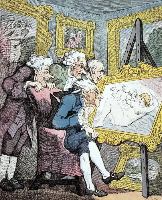 Framed Print : Art connoisseur, English caricature about the lust of men by Thomas Rowlandson