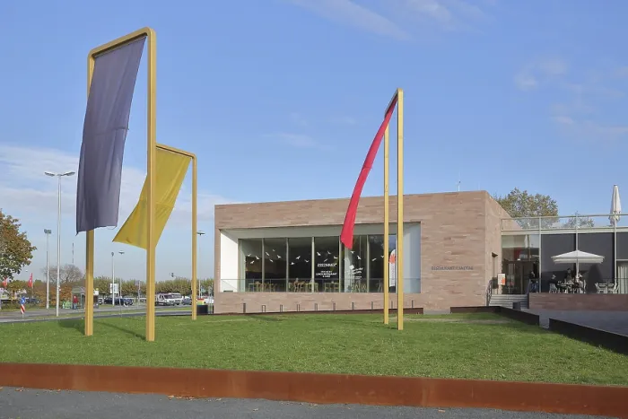 Framed Print : Art installation by Michael Sailstorfer with three colours of the German national flag at the restaurant of