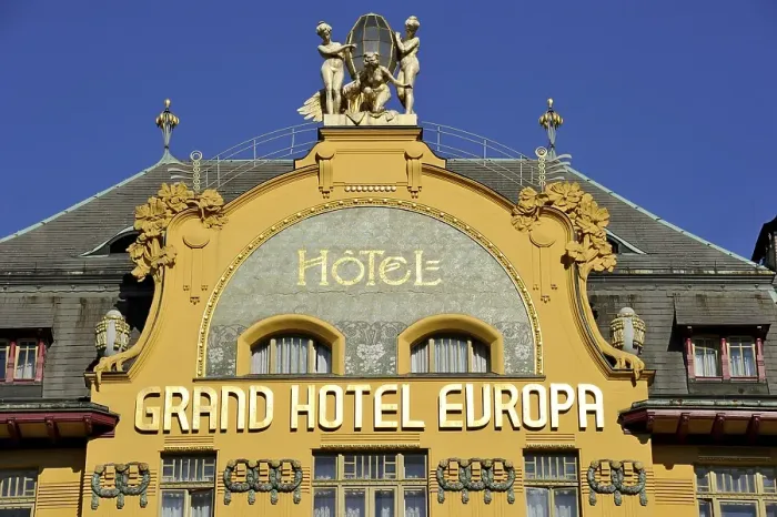 Framed Print : Art Nouveau statues on the gable of the Grand Hotel Europa