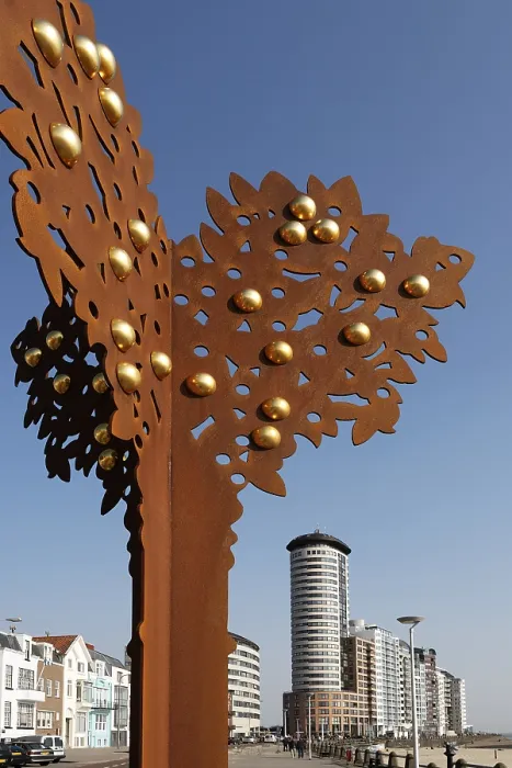 Framed Print : Art sculpture in front of the high-rise buildings on Evertsen Boulevard