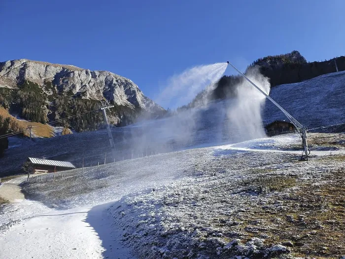 Framed Print : Artificial snow machines in operation in late autumn at the Jenner middle station in the Berchtesgaden National Park