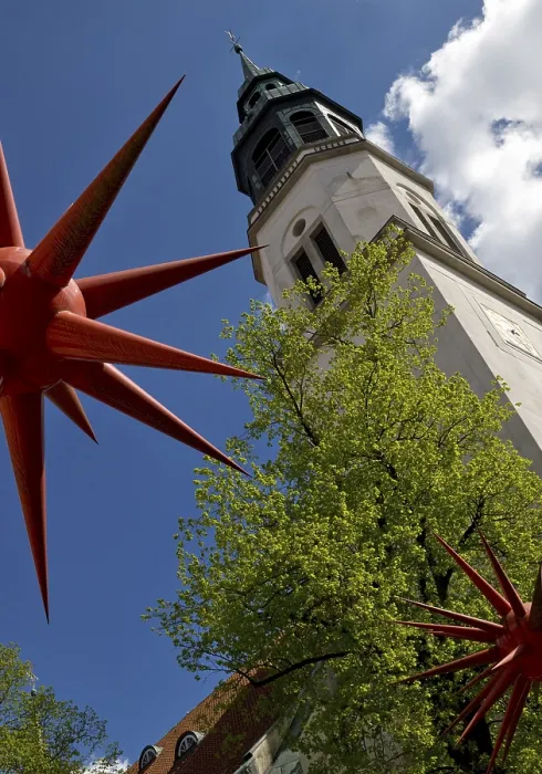 Framed Print : Artwork by Otto Piene entitled Fireworks for Celle in front of the tower of the town church in the historic city centre