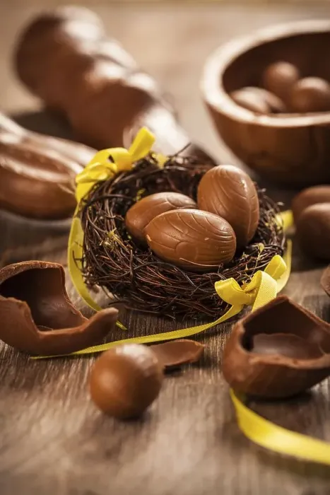 Framed Print : Assorted chocolate eggs for Easter on wooden background