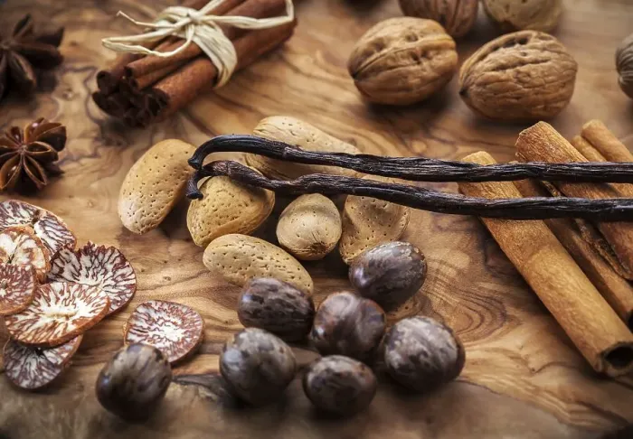 Framed Print : Assortment of spices and nuts for Christmas for baking cookies Framed Print : Assortment of spices and nuts for Christmas for baking cookies