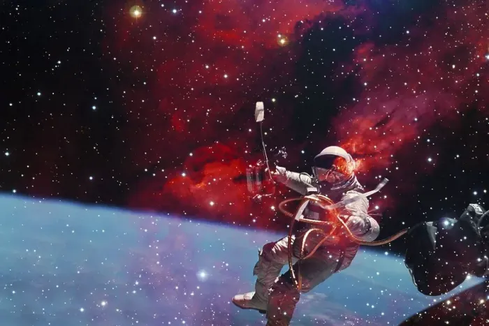 Framed Print : Astronaut. Nebula, cluster of stars in deep space