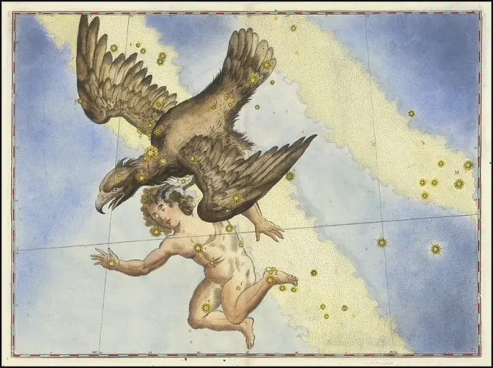 Framed Print : Astronomy. The celestial atlas, the Uranometria, Ptolemaic constellations, by Johann Bayer (1572 - 7 March 1625), German astronomer, Aquila, eagle, prominent constellation of the northern summer and autumn sky