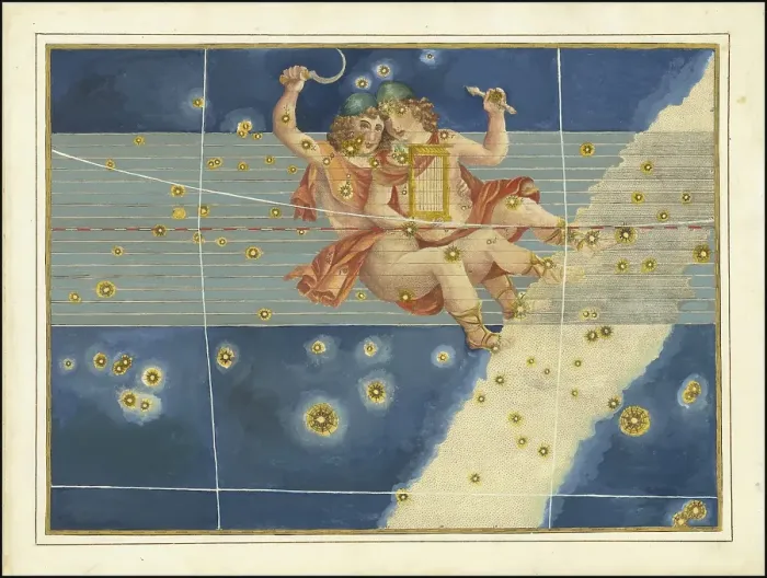 Framed Print : Astronomy. The celestial atlas, the Uranometria, Ptolemaic constellations, by Johann Bayer (1572 - 7 March 1625), German astronomer, Gemini, Gemini, constellation of the ecliptic, digitally enhanced reproduction of a historical model