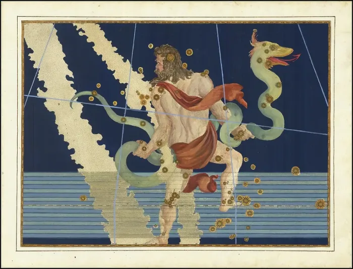 Framed Print : Astronomy. The Celestial Atlas, the Uranometria, Ptolemaic constellations, by Johann Bayer (1572 - 7 March 1625), German astronomer, Ophiuchus and Serpentarius, Serpent Bearer, constellation on the celestial equator Framed Print : Astronomy. The Celestial Atlas, the Uranometria, Ptolemaic constellations, by Johann Bayer (1572 - 7 March 1625), German astronomer, Ophiuchus and Serpentarius, Serpent Bearer, constellation on the celestial equator