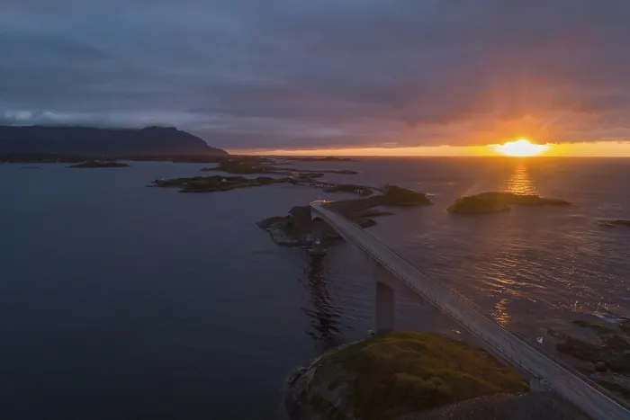 Framed Print : Atlantic Road in Norway at Sunset. Aerial View