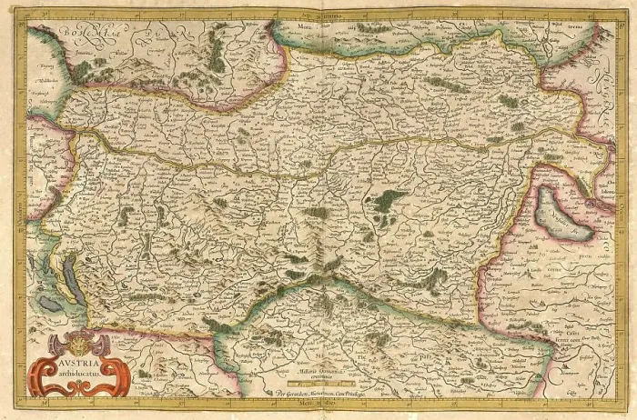 Framed Print : Atlas, map from 1623, Austria, digitally restored reproduction from an engraving by Gerhard Mercator