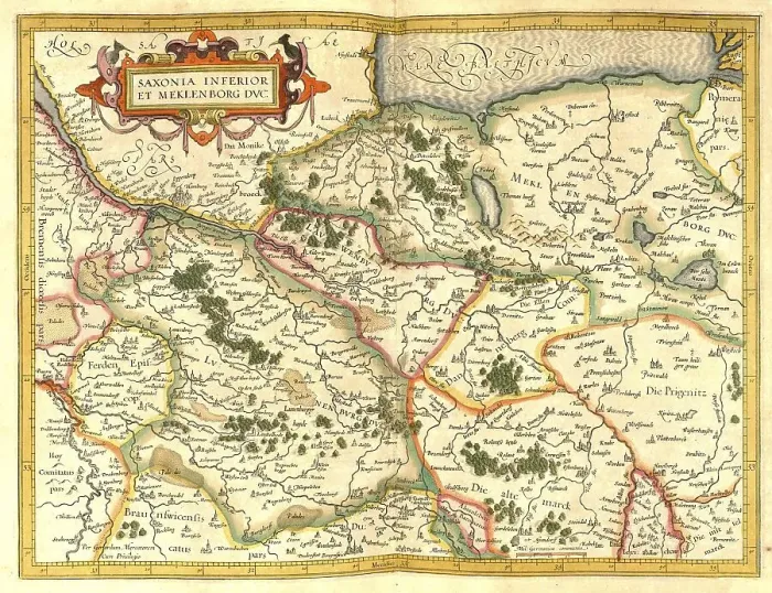 Framed Print : Atlas, map from 1623, Saxony and Mecklenburg