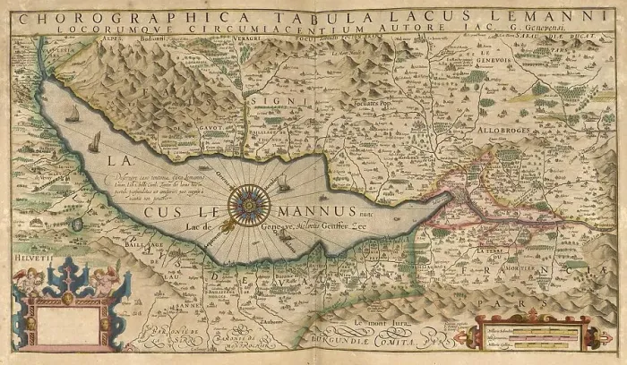 Framed Print : Atlas, map from 1623, Switzerland with Lake Geneva