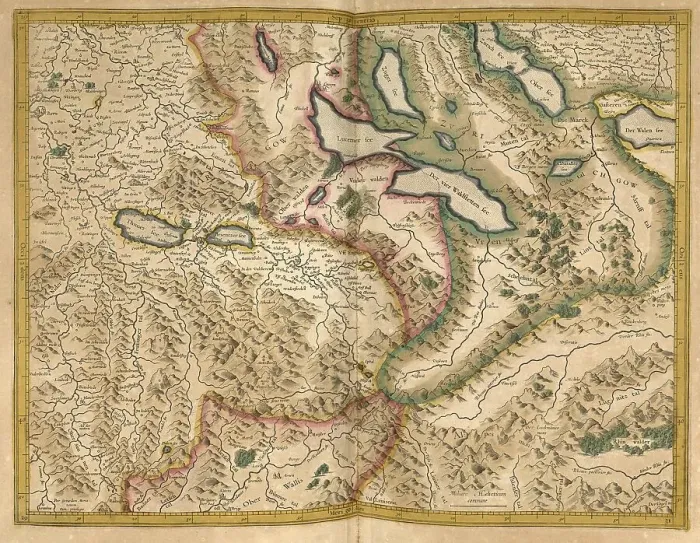Framed Print : Atlas, map from 1623, Switzerland with Lake Lucerne and Lake Thun