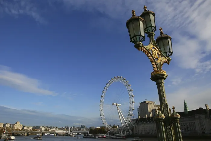 Framed Print : Atmospheric shot of a Ferris wheel on a clear day with an antique street lamp in the foreground