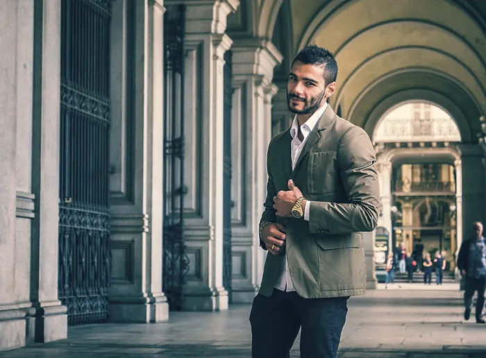 Framed Print : Attractive man outdoor wearing elegant jacket