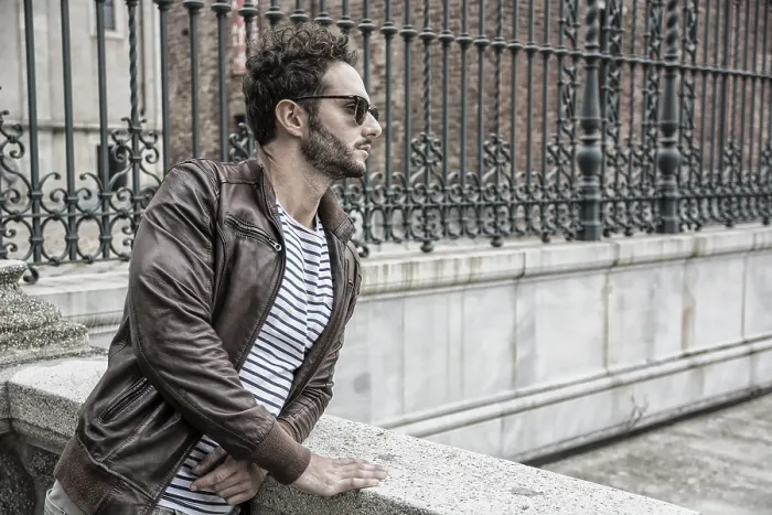 Framed Print : Attractive man outdoor wearing leather jacket Framed Print : Attractive man outdoor wearing leather jacket