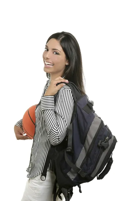 Framed Print : Attractive student woman with bag and basketball ball on white background Framed Print : Attractive student woman with bag and basketball ball on white background
