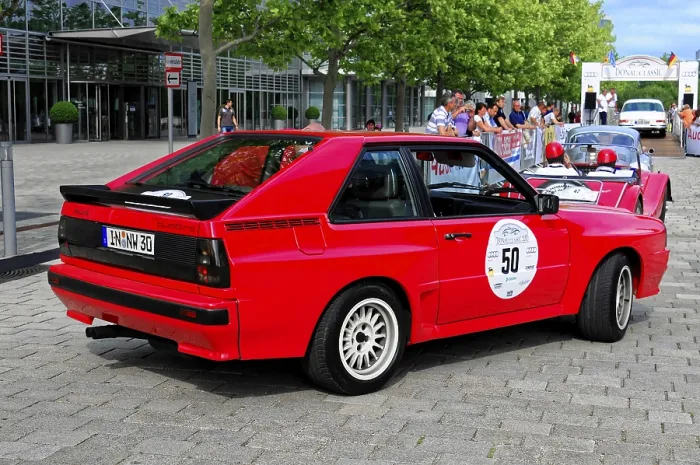 Framed Print : AUDI Sport Quattro, red Audi classic car on a paved road during a rally