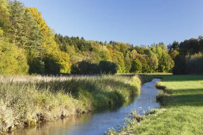 Framed Print : Aufsess river, Aufsesstal valley between Drosendorf and Sachsendorf