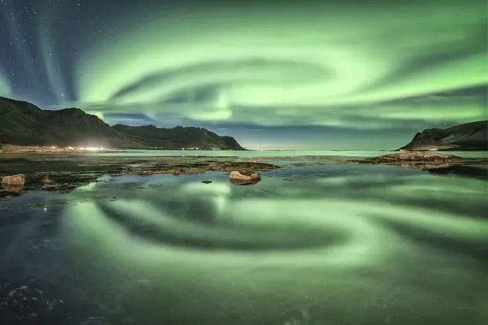 Framed Print : Aurora borealis reflected in the sea