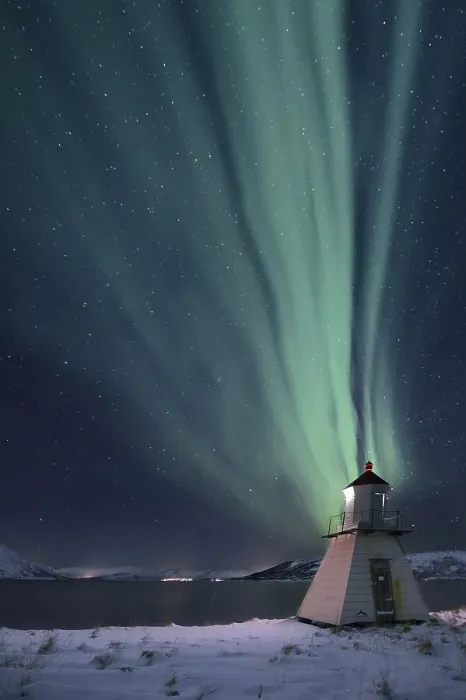 Framed Print : Aurora over fjord with lighthouse in winter Framed Print : Aurora over fjord with lighthouse in winter