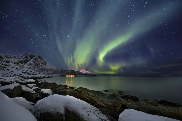 Framed Print : Aurora over fjord with snowy mountains
