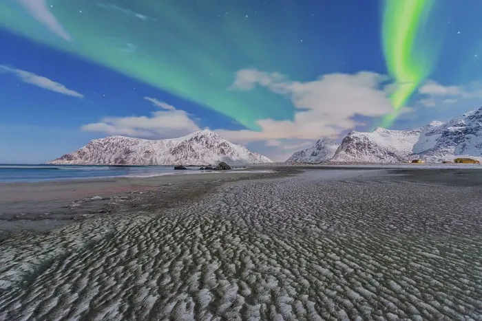 Framed Print : Aurora over Skagsanden beach, Lofoten