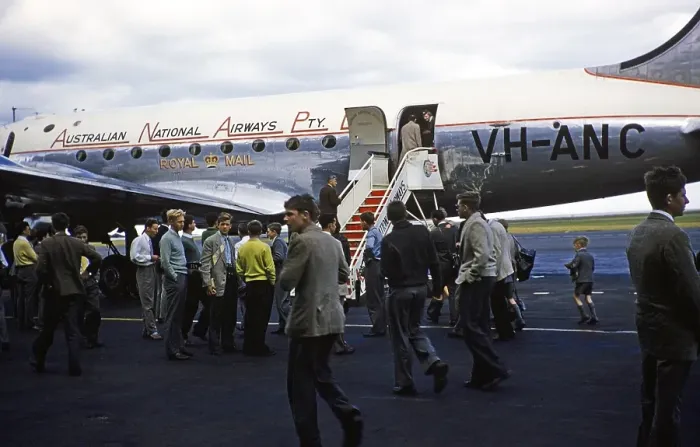 Framed Print : Australian National Airways VH ANC Douglas DC4 aircraft passengers boarding, Royal Mail emblem, Australia 1956 Melbourne Grammar School boys