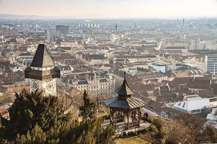 Framed Print : Austria, 20.01.2019: View at Graz City from Schlossberg hill