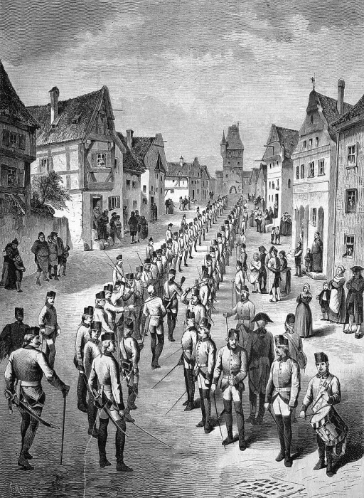 Framed Print : Austrian army running the gauntlet