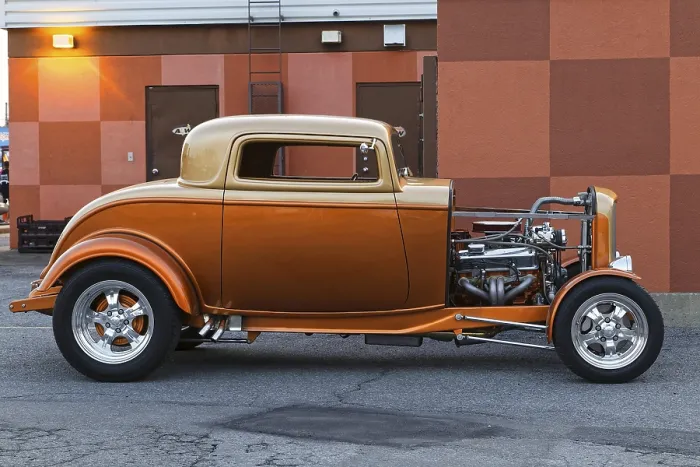 Framed Print : Automobile, car show, custom made vintage car with open engine display