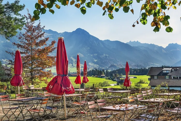 Framed Print : Autumn beer garden with parasols on the Schweineberg Framed Print : Autumn beer garden with parasols on the Schweineberg