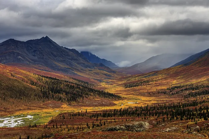 Framed Print : Autumn coloured tundra, mountains
