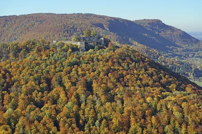 Framed Print : Autumn forest, view of Hohenurach Ruin and Alb ridge Framed Print : Autumn forest, view of Hohenurach Ruin and Alb ridge