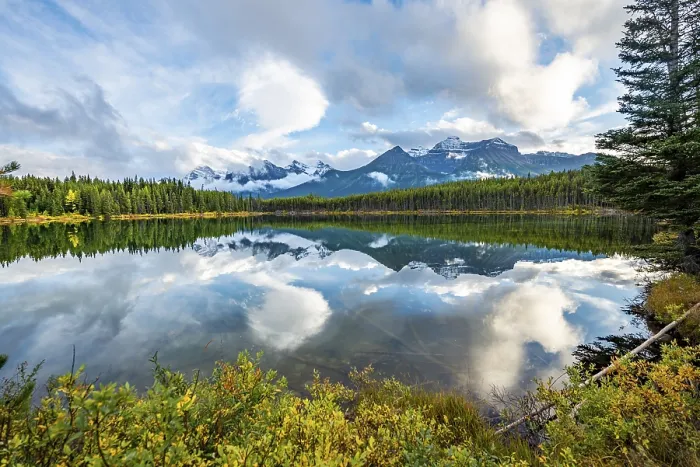 Framed Print : Autumn Herbert Lake, mountains of the Bow Range reflected in the lake