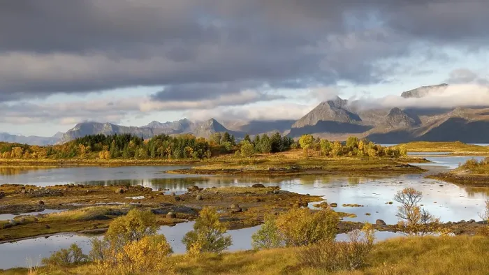 Framed Print : Autumn landscape, fjords with mountains in the background Framed Print : Autumn landscape, fjords with mountains in the background