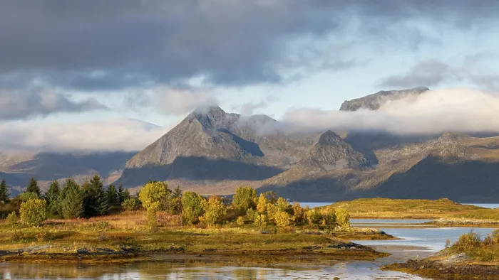 Framed Print : Autumn landscape, fjords with mountains in the background